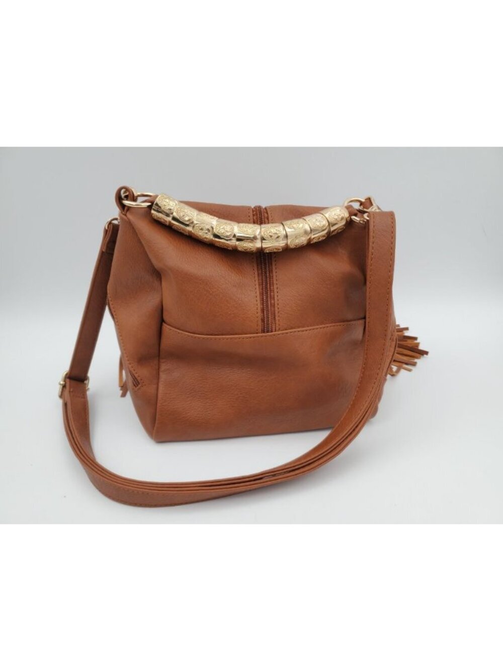 Brown Faux Leather Fringe Gold Bead Handle w/strap Boho Funky! - Picture 3 of 6